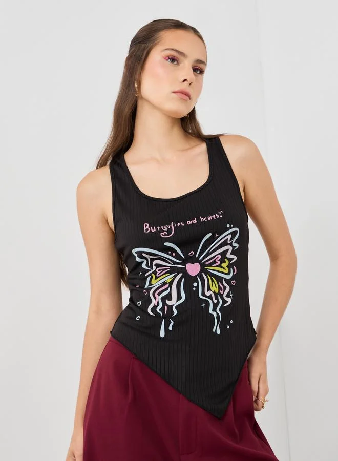 تايك تو توب بدون أكمام بطبعة جرافيك ورقبة مستديرة